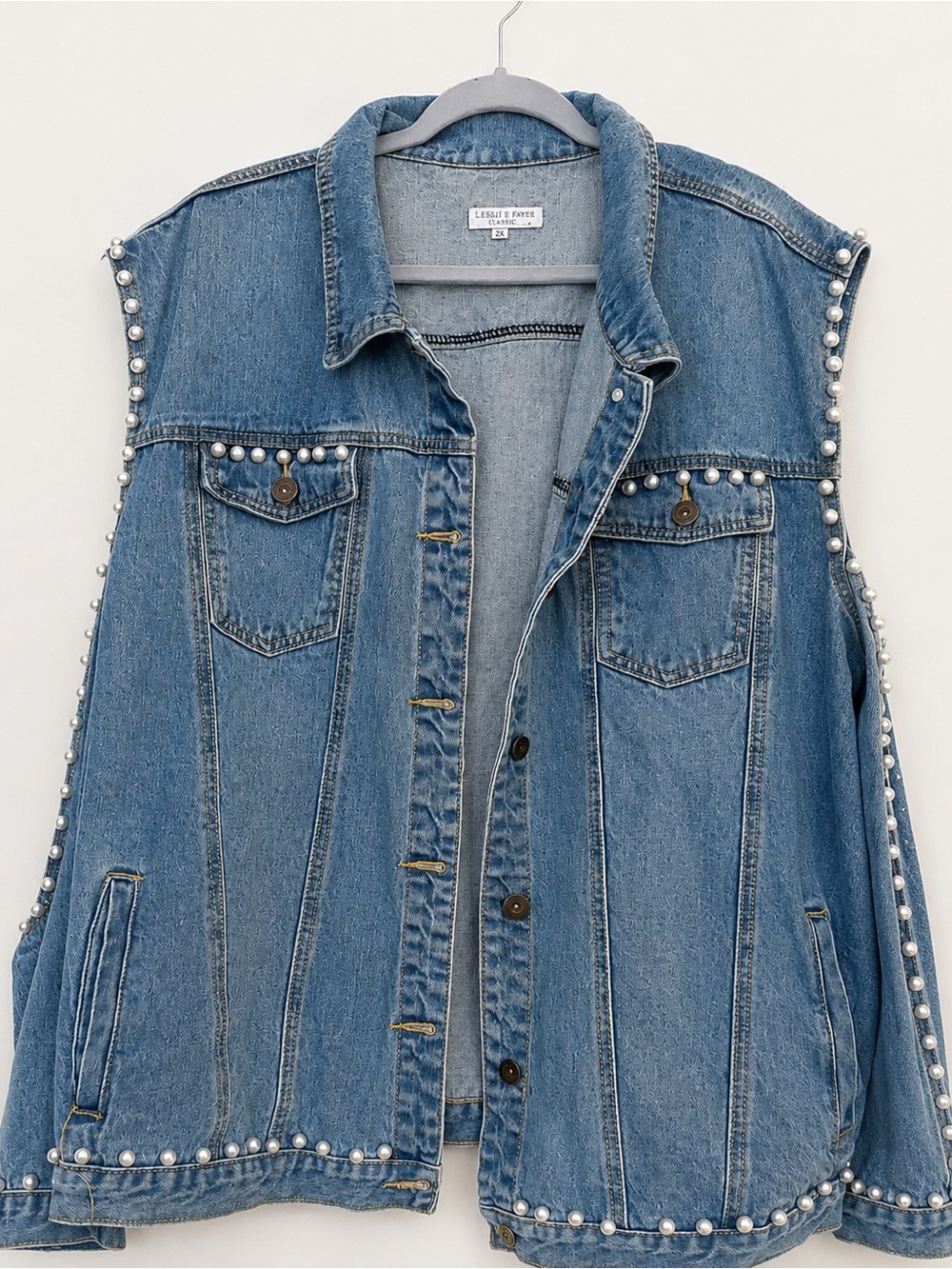 Liquor N Poker Curve Pearl Embellished Denim Jacket Size 24 Blue Oversized Y2K